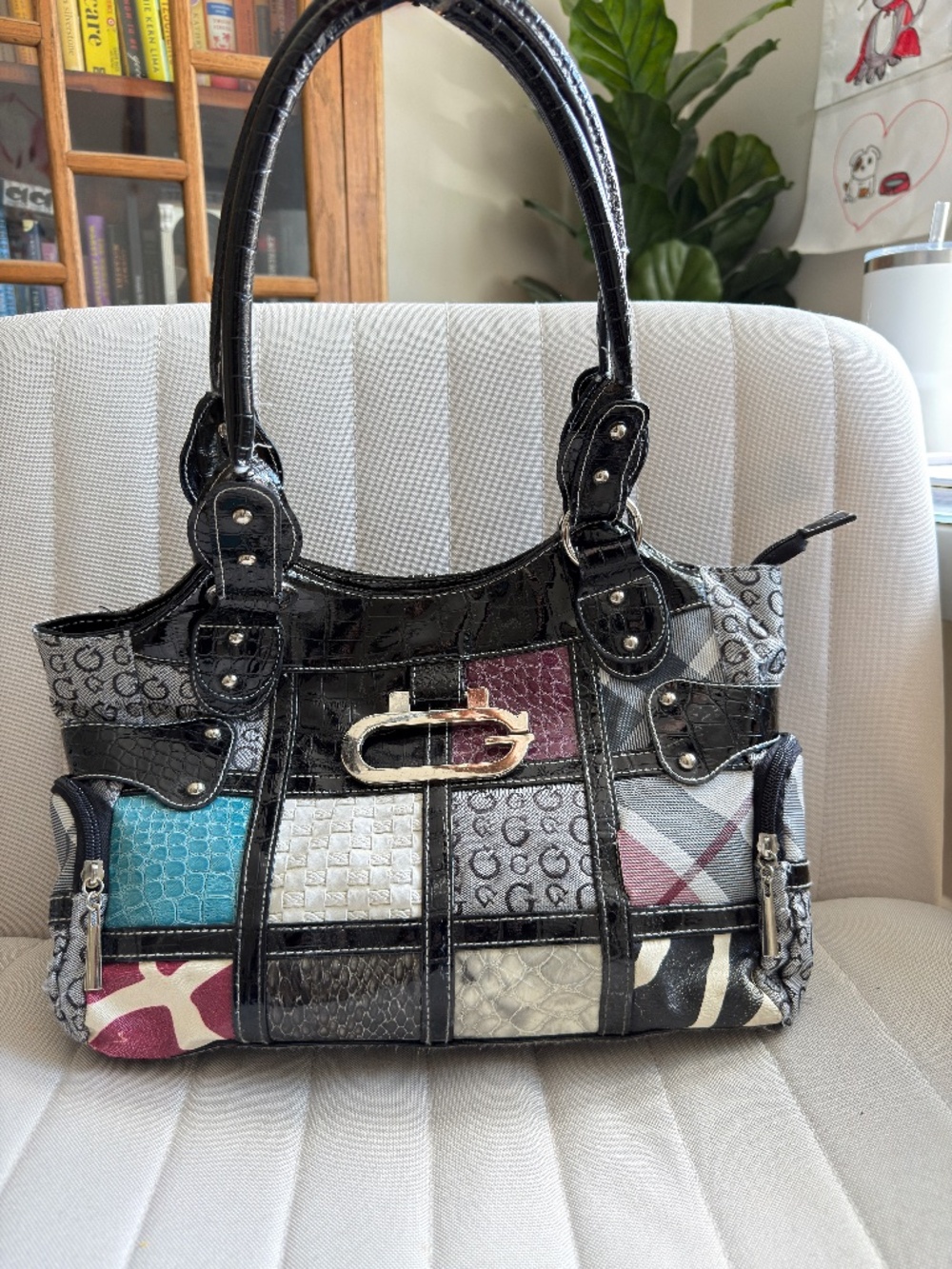 Y2K Patchwork Shoulder Bag – 2000s Guess-Inspired Monogram Purse
